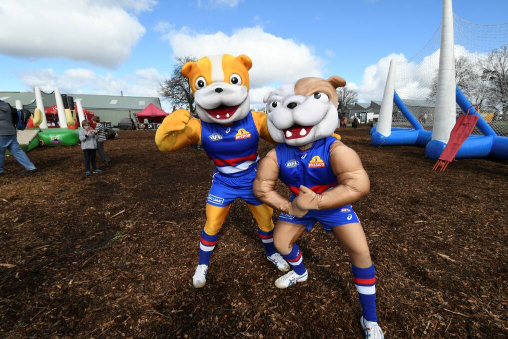 Small showing: The Bulldogs' mascots were keen to get in on the action at the live site, but the crowds were less enthusiastic.  Picture: Lachlan Bence. 