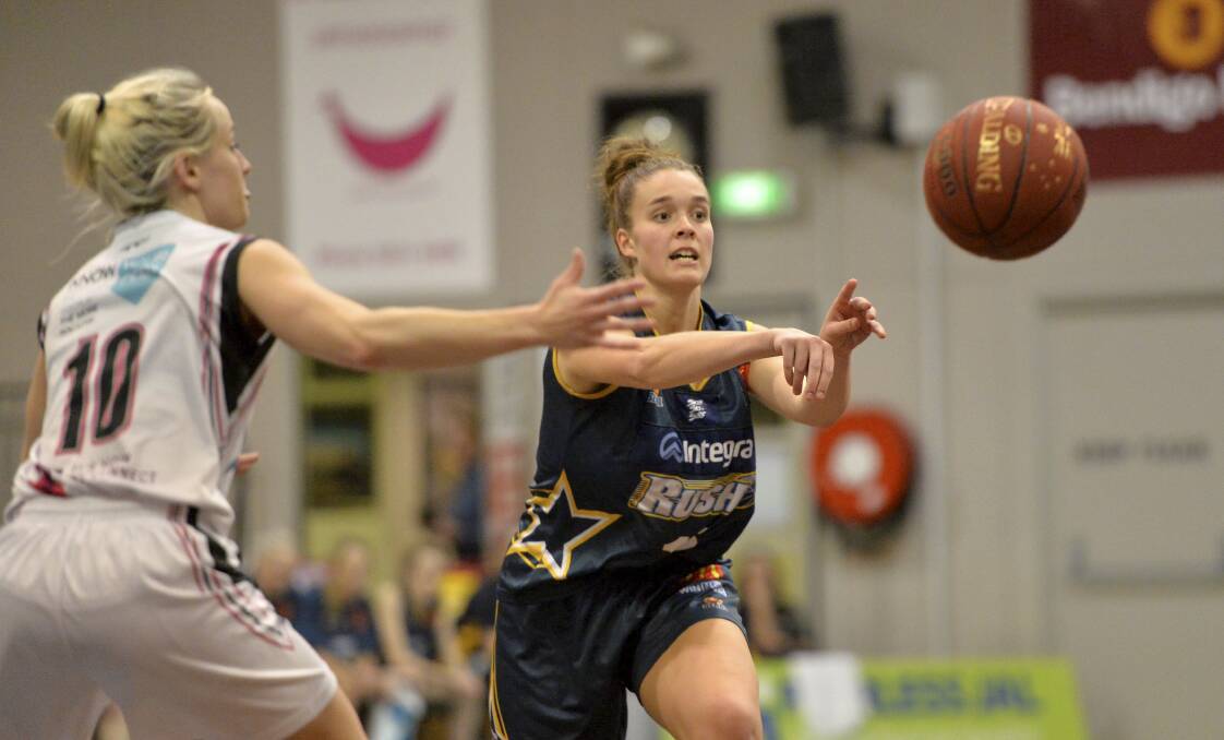 Strong weekend: Molly Mathews controls the ball for the Ballarat Rush during their clash with the Hobart Lady Chargers.  Picture: Dylan Burns.