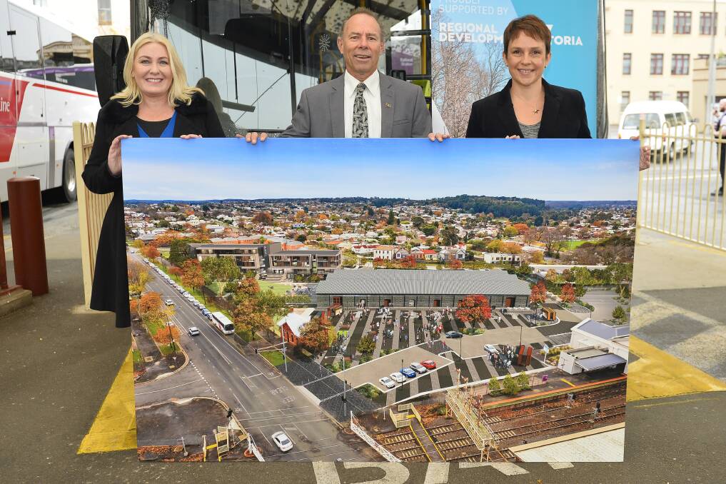 Wendouree MP Sharon Knight, Buninyong MP Geoff Howard and Regional Development Minister Jaala Pulford announce $5 million for the bus interchange at the Ballarat Station Precinct.  Picture: Dylan Burns.  