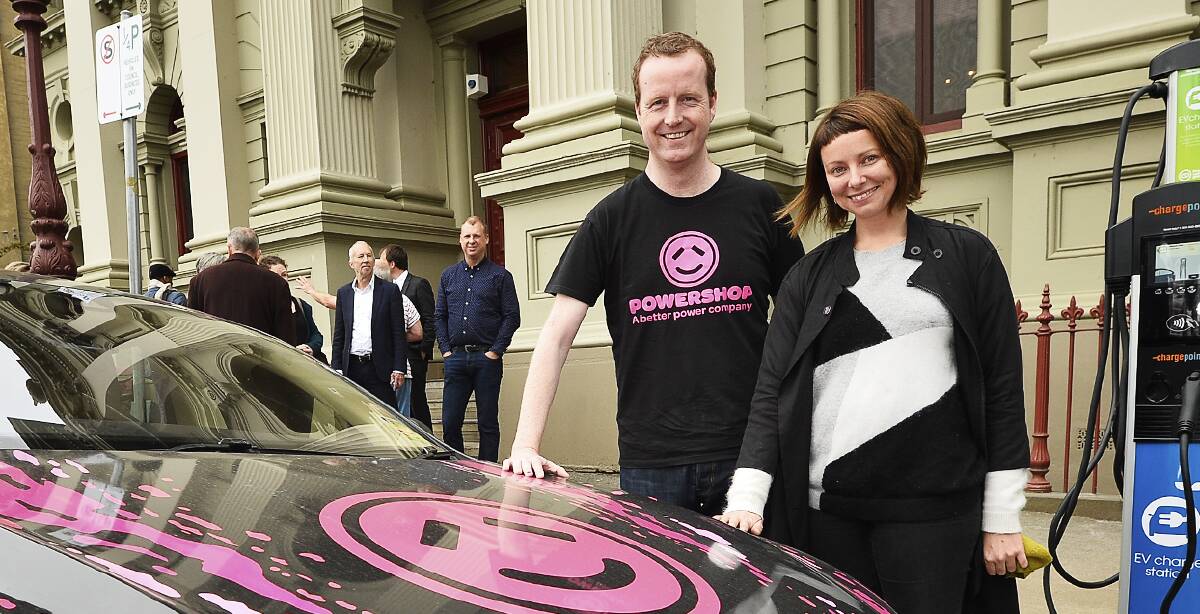 Change: Powershop chief executive Ed McManus with Hepburn Wind's Taryn Lane at the unveiling of Daylesford's electric car charging station last year.  Picture: Dylan Burns. 