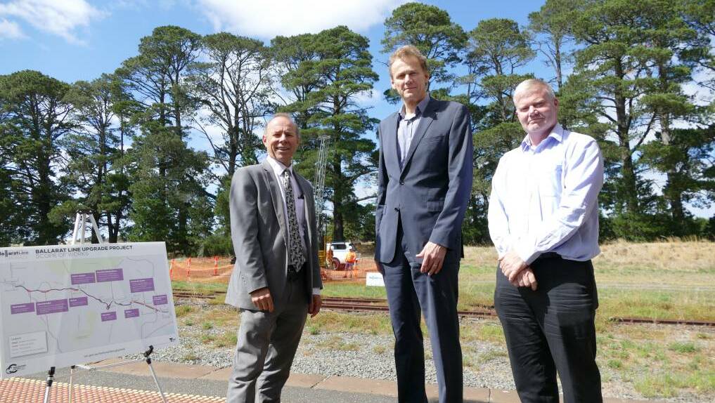 First steps: Buninyong MP Geoff Howard, Melbourne Metro Rail Authority chief executive Evan Tattersall and V/Line Ballarat project director Graeme Cameron at Ballan station.