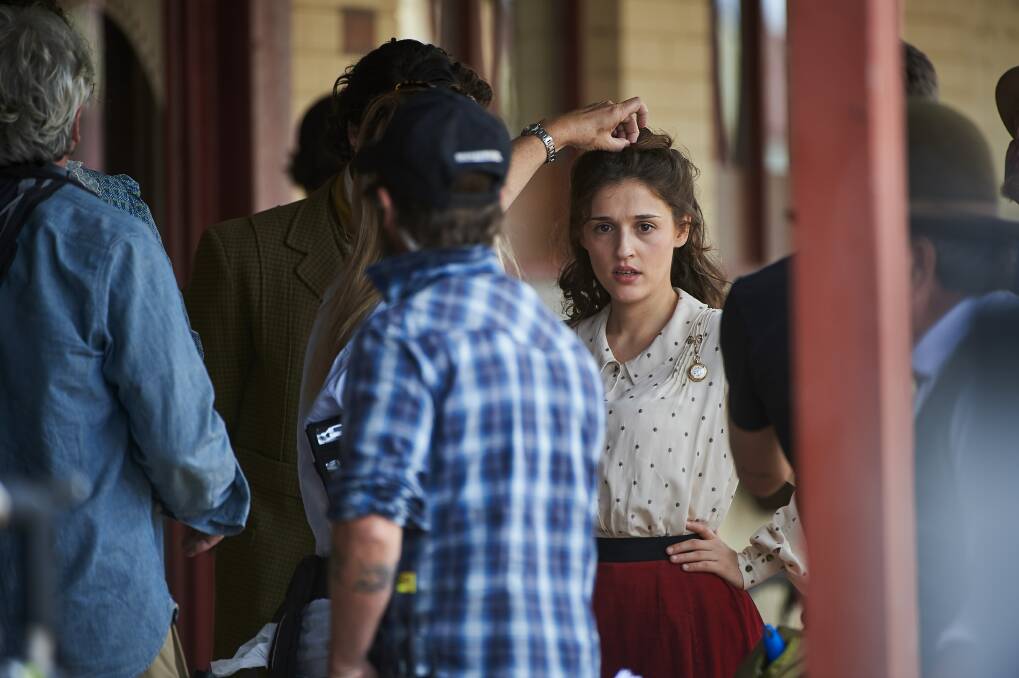 On set: French actress Lola Bessis working on the Picnic at Hanging Rock miniseries in Clunes.  Picture: Luka Kauzlaric. 