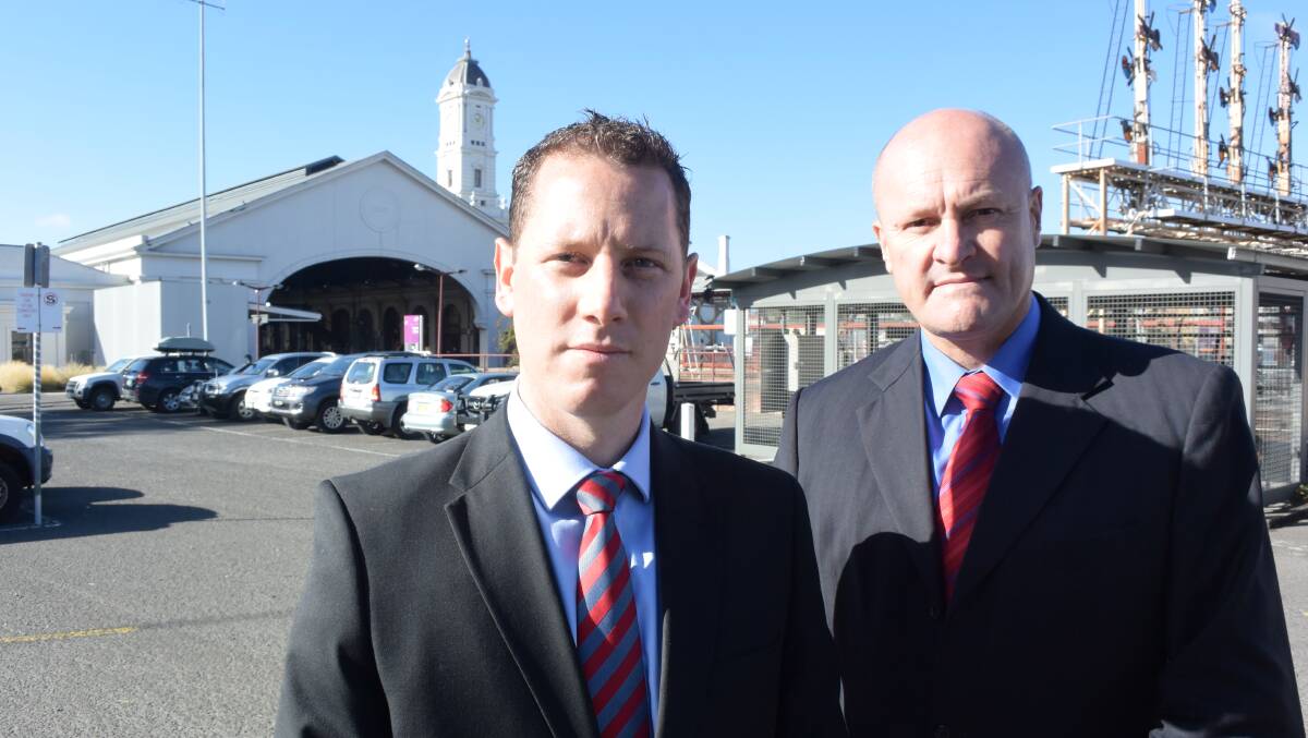 Old plan: Western Victoria MP Josh Morris with Opposition Public Transport spokesperson David Hodgett at the Ballarat station on Tuesday morning.  Picture: Brendan Wrigley.   