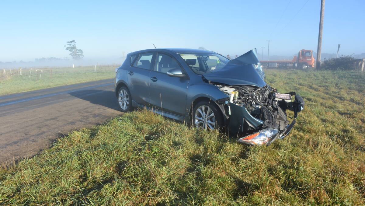 Lucky escape: The driver of this Mazda hatchback was lucky to walk away from a crash on Saturday morning in Bullarook.  Picture: Brendan Wrigley.  