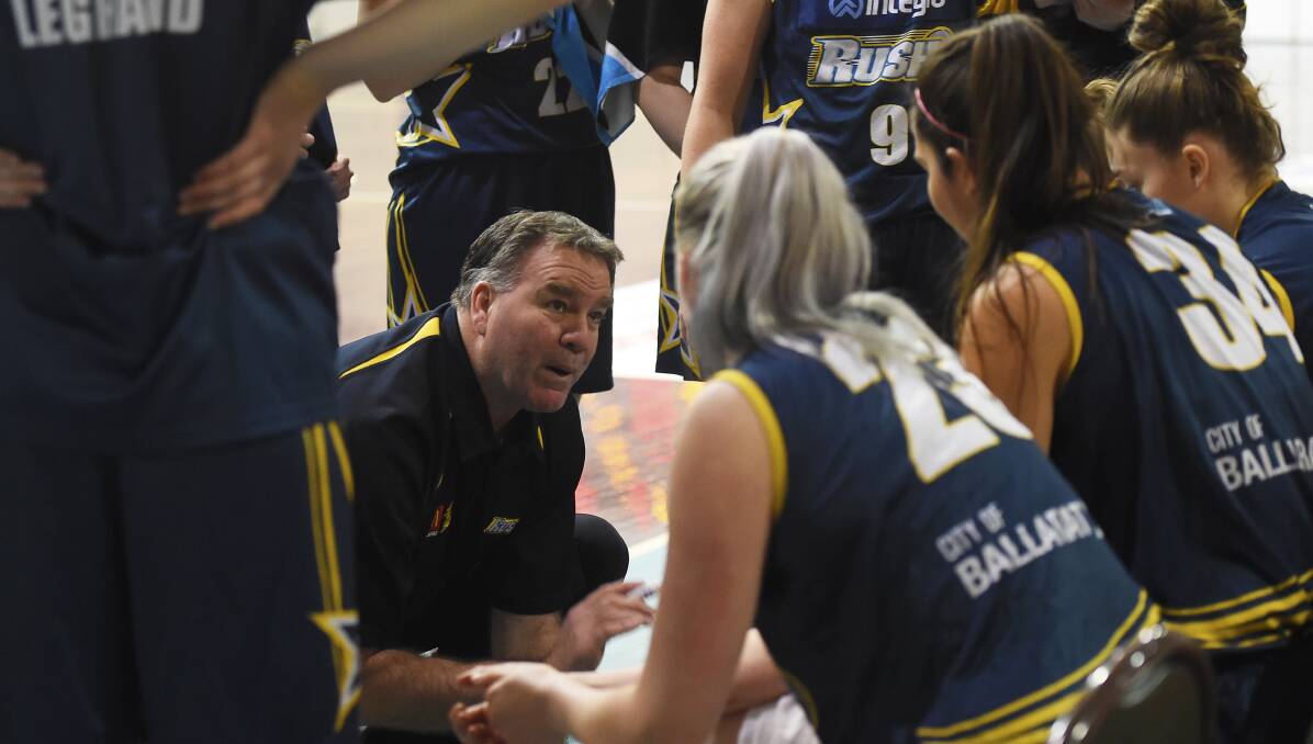LAYING ON THE LINE: Rush coach David Flint addressing his charges during the victory over the Dandenong Rangers.  Picture: Luka Kauzlaric. 
