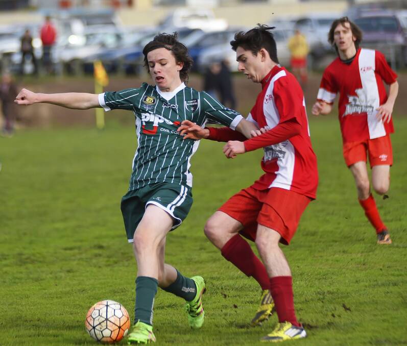 Fighting for possession: Forest Rangers' Liam O'Neil looks to control the ball during his side's narrow 2-1 success over Ballarat on Sunday afternoon.  Picture: Luka Kauzlaric.