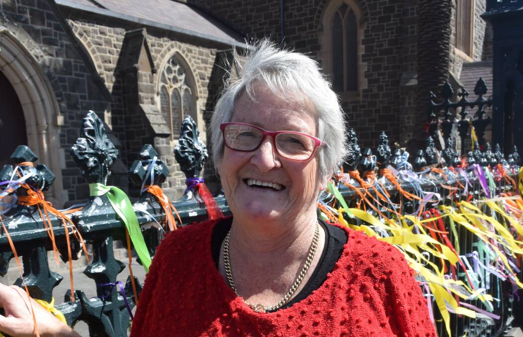 Ribbons deliver support: Helen Watson continues to find support in the Loud Fence at St Patrick's Cathedral.  Her son Peter was sexually abused. 