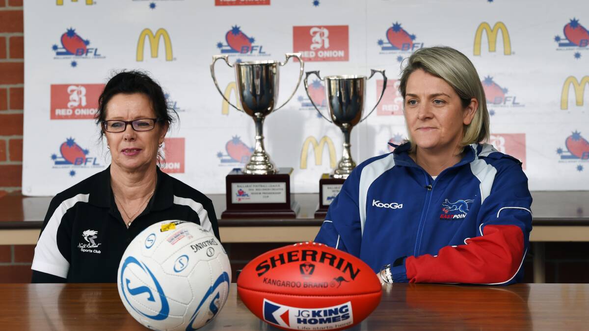 North Ballarat City coach Annie McCartin with East Point captain Emma Farrell at the BFNL press conference on Wednesday.  Picture: Kate Healy. 
