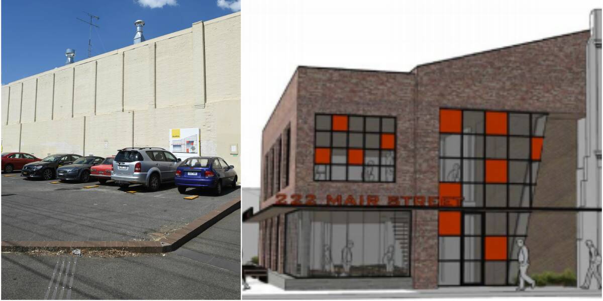 Car parking at 222 Mair Street (left) and an artist impression of a future hospitality venture at the site. 