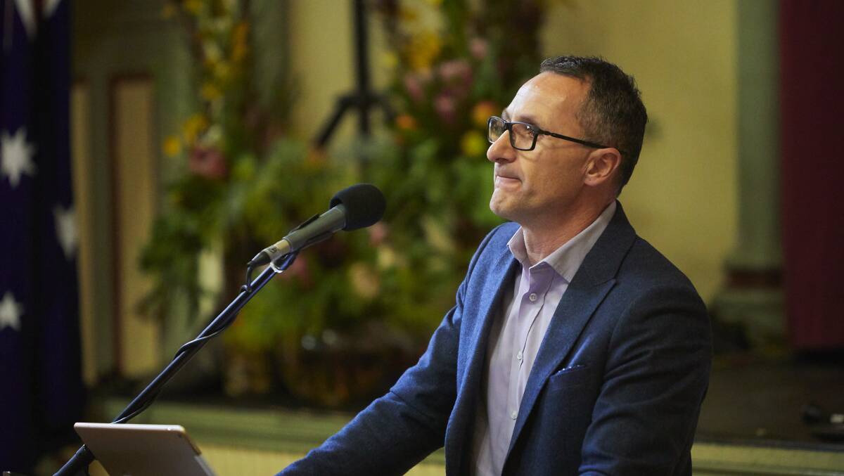 Greens leader Richard Di Natale addresses the crowd at Rod May's memorial on Thursday.  Picture: Luka Kauzlaric. 