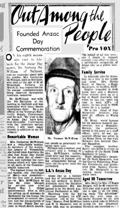 Founded ANZAC commemoration: a 1953 SA newspaper article pictures Mr McWilliam two years before his death. Photo: Trove.
