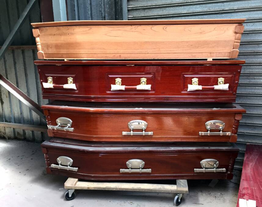 Coffins have a variety of style names according to shape and hardware. Photo: Caleb Cluff.