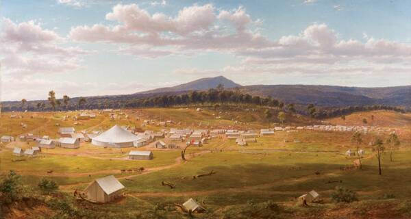 Ballarat in 1853-54: a peaceful view, but life was chaotic and often brutal. Painting by Eugene von Guerard. State Library of Victoria.