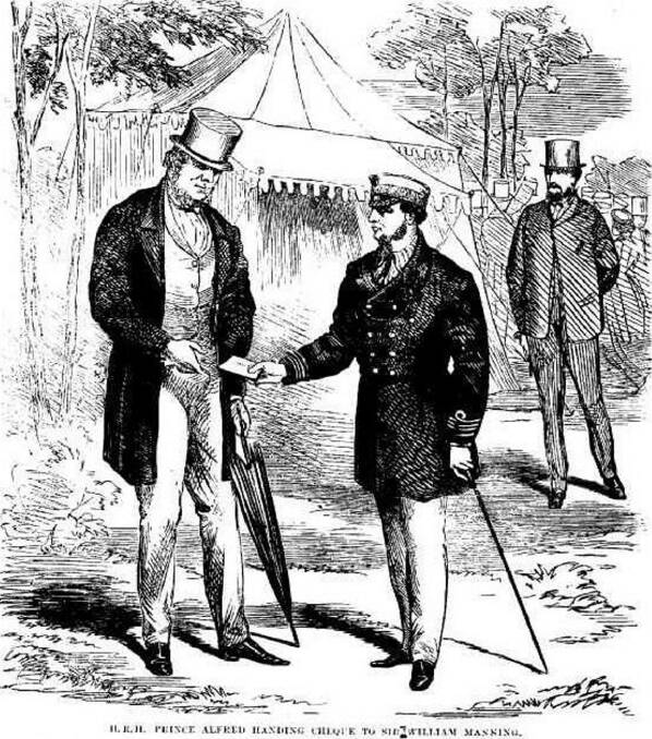 Prince Alfred hands Sir William Manning a cheque just prior to the assassination attempt.
