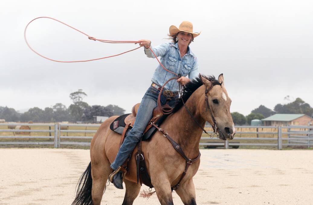 Riding and roping: Millbrook's Caitlyn McPhee on 'Spoon', her barrel-racing mount. Ms McPhee says it takes two to three years to season a horse and have it ready for the sport of barrel racing. Picture: Kate Healy.