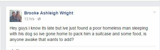 Help for the homeless: Brooke's message on Facebook.