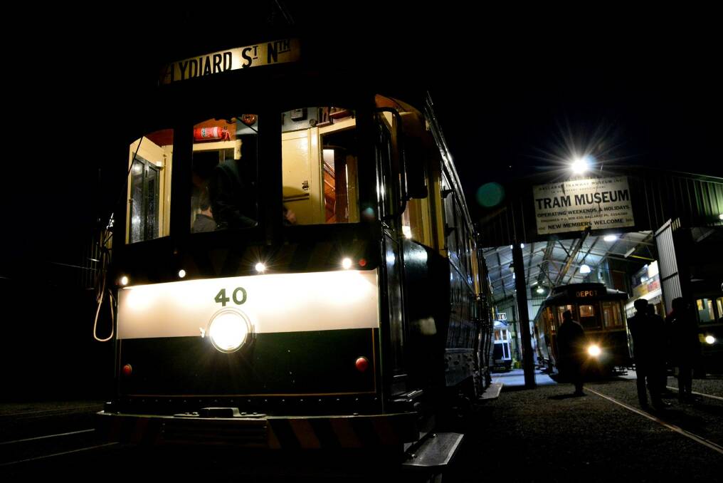 Last run: Tram 40 lit up for a recreation of the last tram service in Ballarat. The tram is one of Ballarat's older models, having been built in 1913 for Melbourne services. Picture: Neil Para.