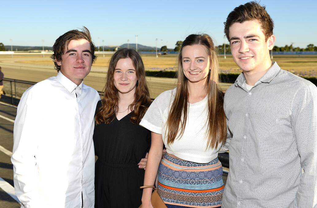 Nathan Harwood (L), Jordy Phillips (2nd L), April Smith (2nd R) and Kale Faull (R) at the 2017 Ballarat Pacing Cup. Picture: Dylan Burns.