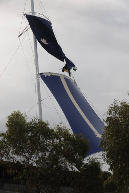 Rent asunder: the symbolic sail outside of the Eureka Centre, later to become MADE. The history of the stockade reserve, from mining site to obelisk to park, swimming pool and then museum is a potted culture of the city.