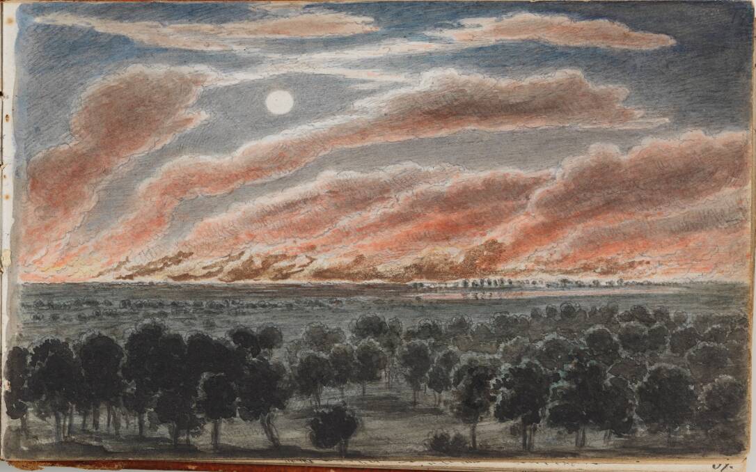 Eugene von Guérard: Bushfire 1857 Folio 18 in Volume 5: Sketchbook XXVI, no. 8 Australian 1857, 1859 Pen and ink and wash, pencil.