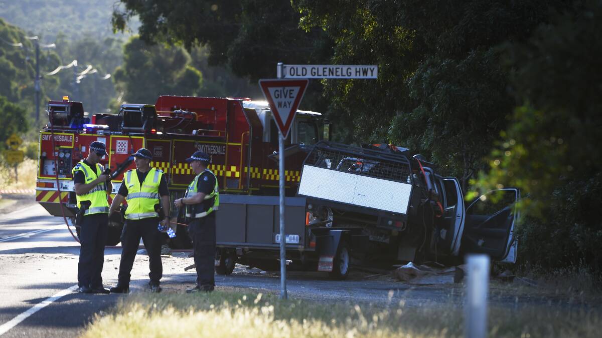 Fatal collision: Victoria Police at the crash site on Friday. Picture: Luka Kauzlaric. 
