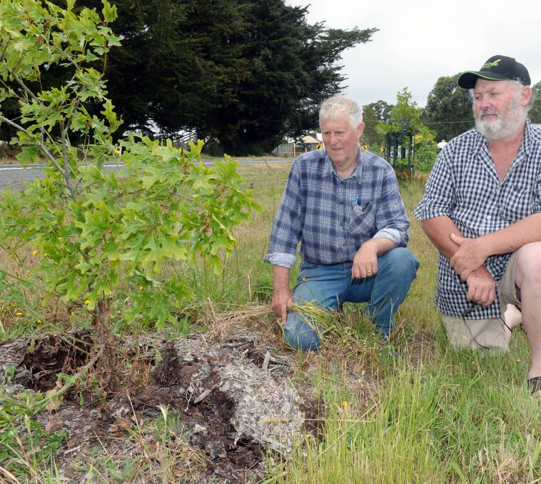 Lack of respect: Farmers Michael Clark and Wayne Austin survey the damage. Picture: Kate Healy.