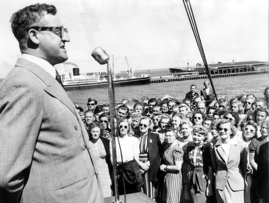Immigration Minister Arthur Calwell addresses Baltic migrants in the early 1950s. Picture: The Age.