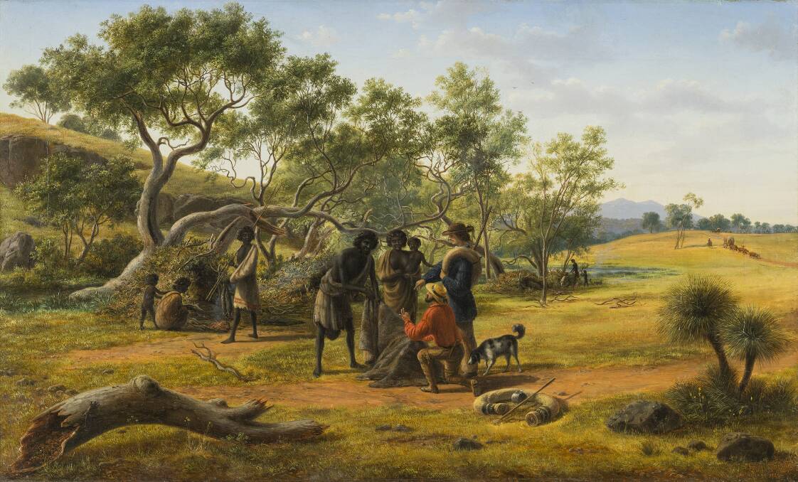 Eugene von Guérard: Aborigines met on the road to the diggings 1854 Oil on canvas 46 x 75.5 cm Geelong art Gallery. Gift of W Max Bell and Norman Belcher, 1923.