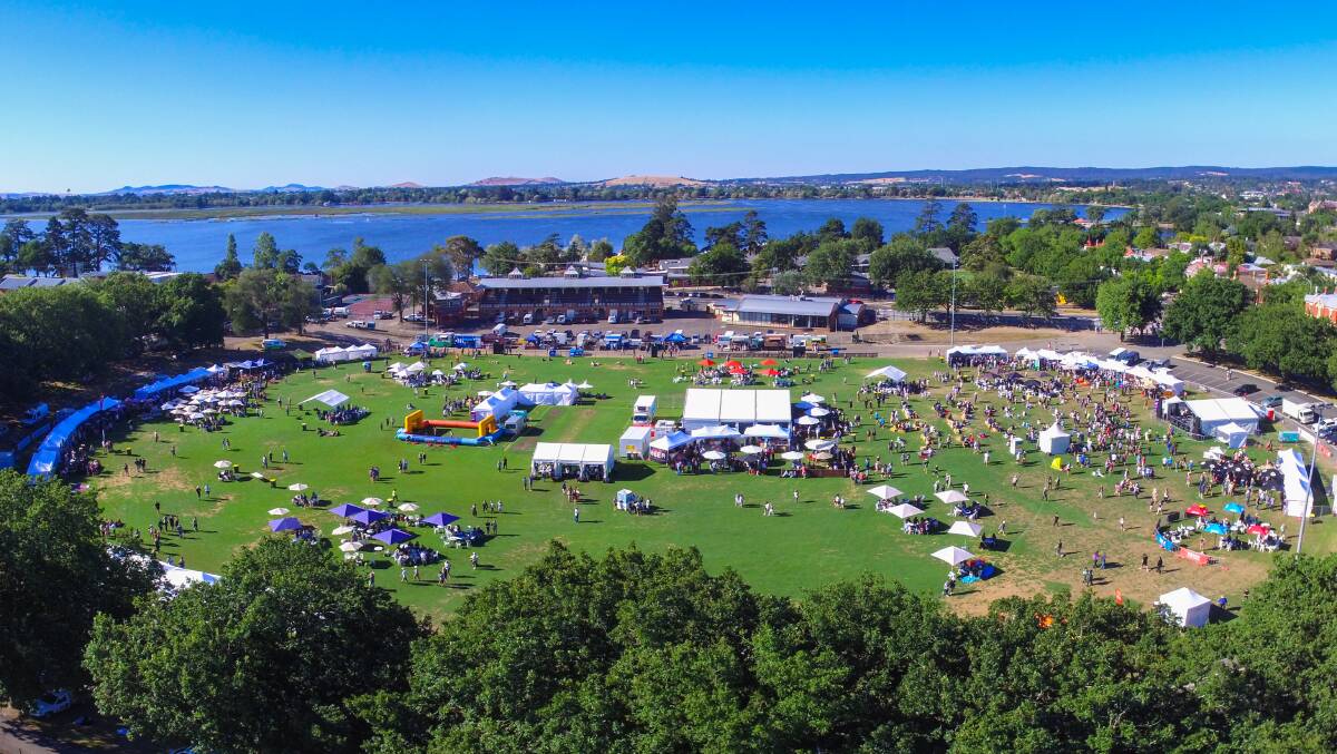Aerial view: Skyline Drone Imaging provided these great shots of the festival from the air, with the blue of Lake Wendouree in the background and the mountains.