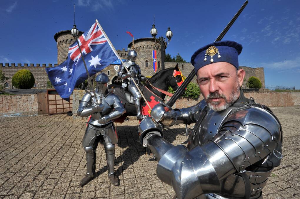 Let the battle begin: Clifford Marisma, Phil Leitch (mounted) and Andrew McKinnon (front) will take the fight to the Kiwis in this weekend's tournament at Kryal Castle. The Tasman Shield runs April 1-2. Picture: Lachlan Bence.