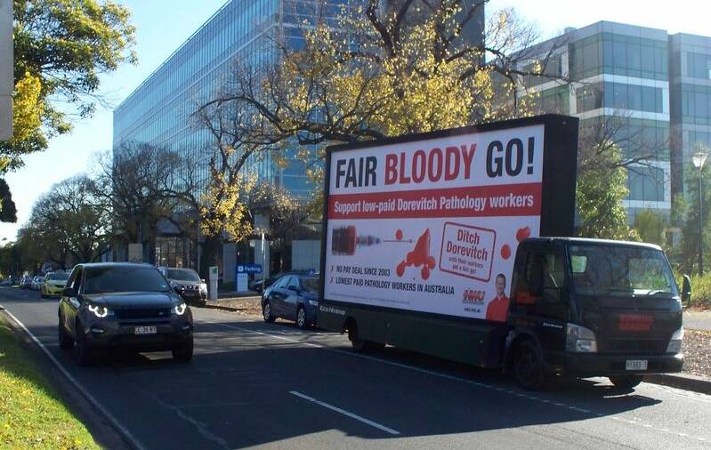 Union campaign: a HWU lorry carrying a 'Fair Bloody Go' sign protesting the lock out. Picture: HWU.