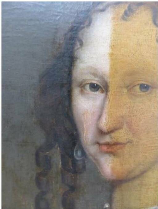Years of discolouration: The portrait halfway through the restoration process by Sabine Cotte. The treacly varnish is removed.