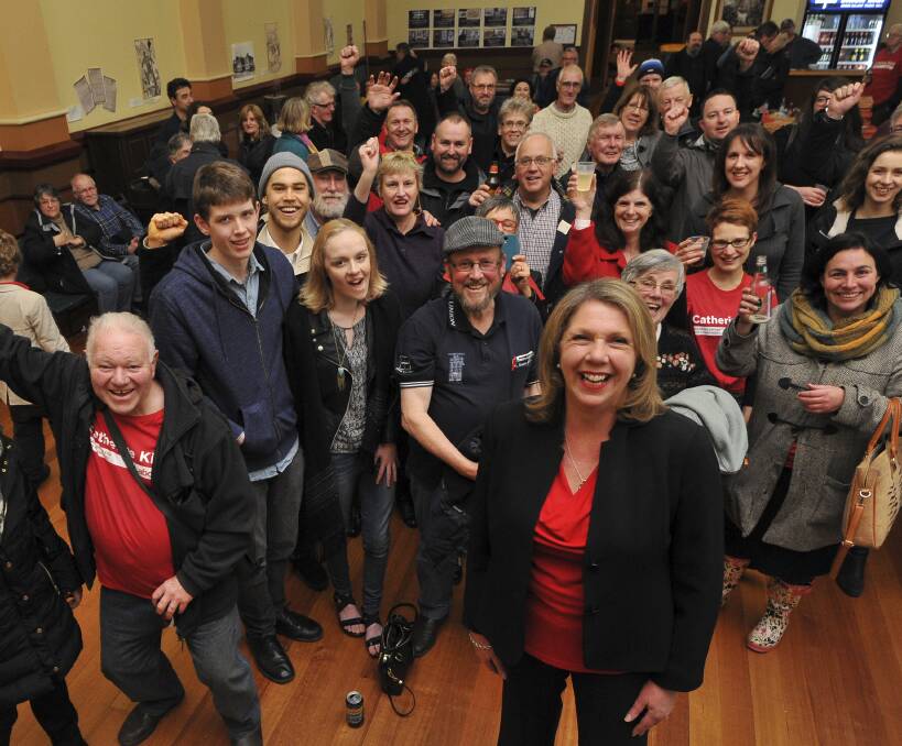Labor victory: Catherine King among Labor Party supporters at the Ballarat Trades Hall after her election win in the tight contest on Saturday night. Photo: Lachlan Bence.