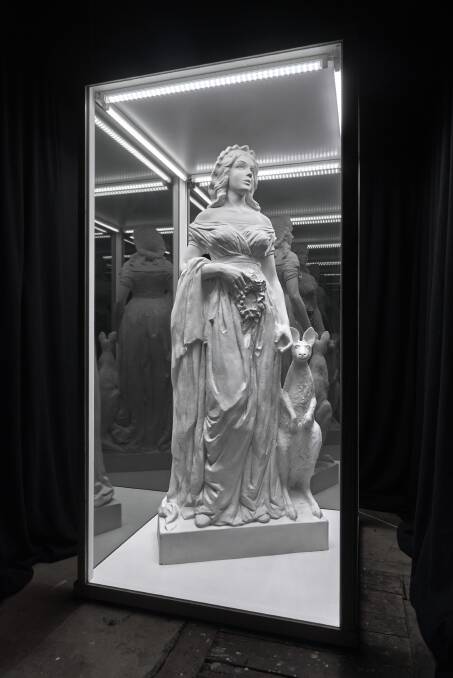 DAMP: The White Lady, 2016, plaster, glass, timber and mirror film, 200 x 100 x 100cm. Photo: Matt Stanton.