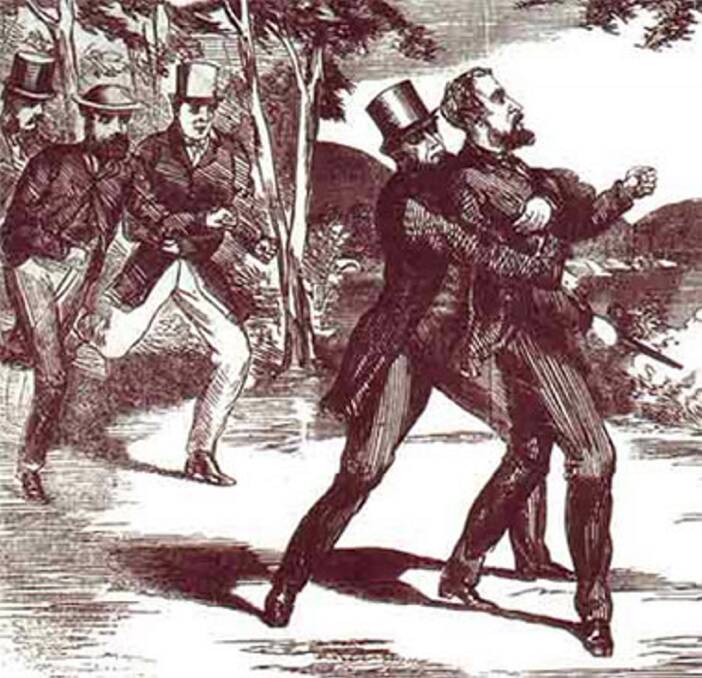 A contemporary representation of the would-be assassin being restrained by Mr Vial.