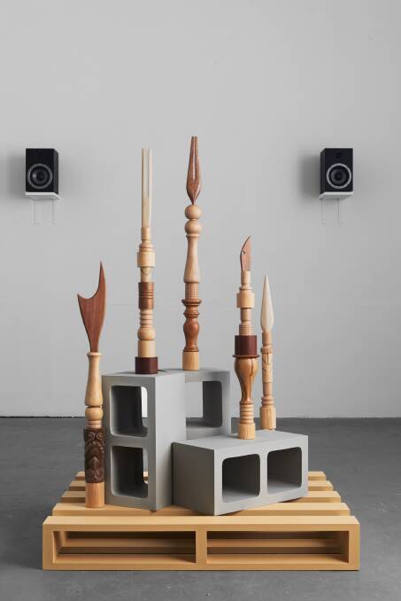 Carly Fischer: Creating False Memories for a Place That Never Was, Part 2, 2016, found Australian, Indonesian, African and Polynesian wooden souvenirs; found wooden household objects, pine, Tasmanian oak, balsa, bamboo, MDF, cotton, nylon, rocks, adhesives, acrylic paint and varnishes; and audio soundscape. Dimensions: variable. Audio mixing: Mieko Suzuki. Photo: Matthew Stanton.
