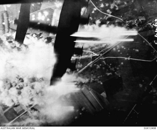Image of a Halifax bomber in a sortie over Germany. Picture: AWM