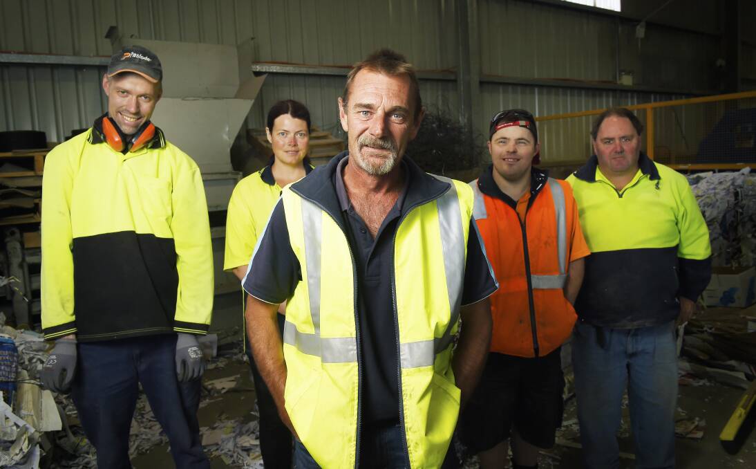 MAKING A Difference: BRI manager manager Andrew Clarke, with (l-r) Brent, Lisa, James and Dash at Ballarat Regional Industries. More than 100 people work for BRI across Ballarat. Picture: Luka Kauzlaric.