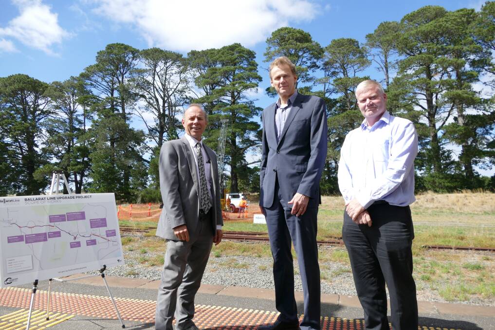 $500m upgrade: Geoff Howard, Evan Tattersall and Graeme Cameron in front of a drill rig at Ballan Station. The Spreadeagle loop at Bungaree will remove five level crossings.