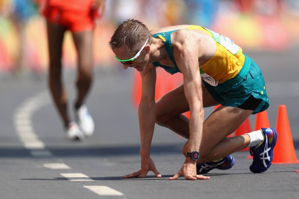 EXHAUSTED: Ballarat's Jared Tallent gave the 2016 Rio de Janeiro Olympics' 50km walk everything he had and in return he won the silver medal. Picture: Getty Images
