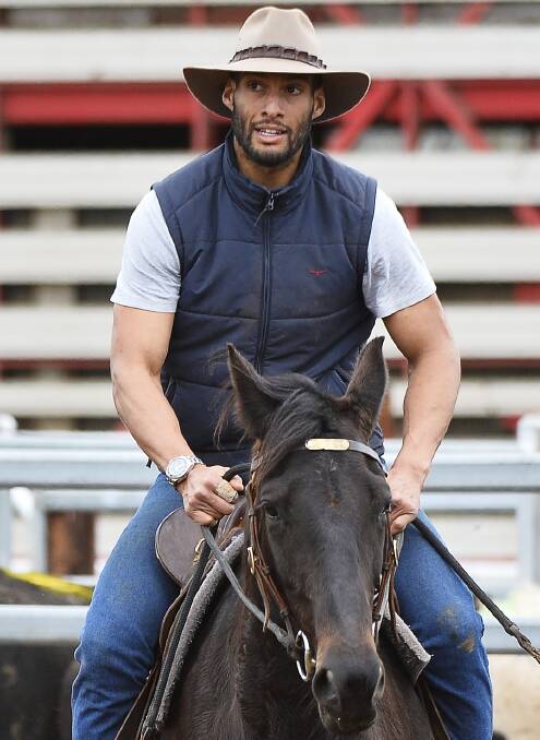 Josh Gibson traded in his studs for cowboy boots in Waubra on Sunday. 