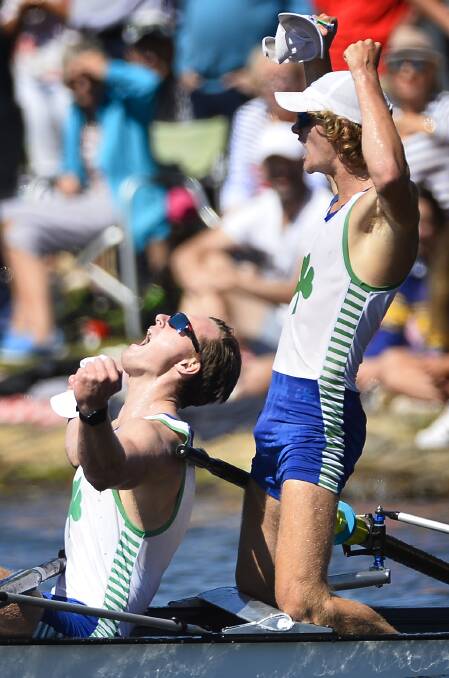 ELATION: St Patrick's College celebrate winning last year's Head of the Lake. It enters Sunday's race as the hot favourite in the boys' division one. Pictures: Dylan Burns