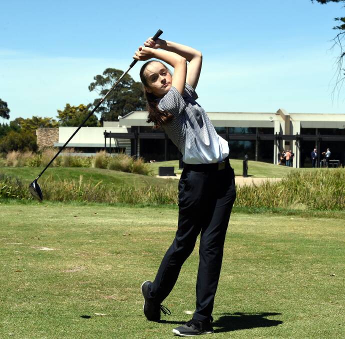 OFF THE TEE: Ballarat Golf Club Junior Scholarship recipient Rose Britt, hitting her drive, was rapt to receive the scholarship. Picture: Jeremy Bannister
