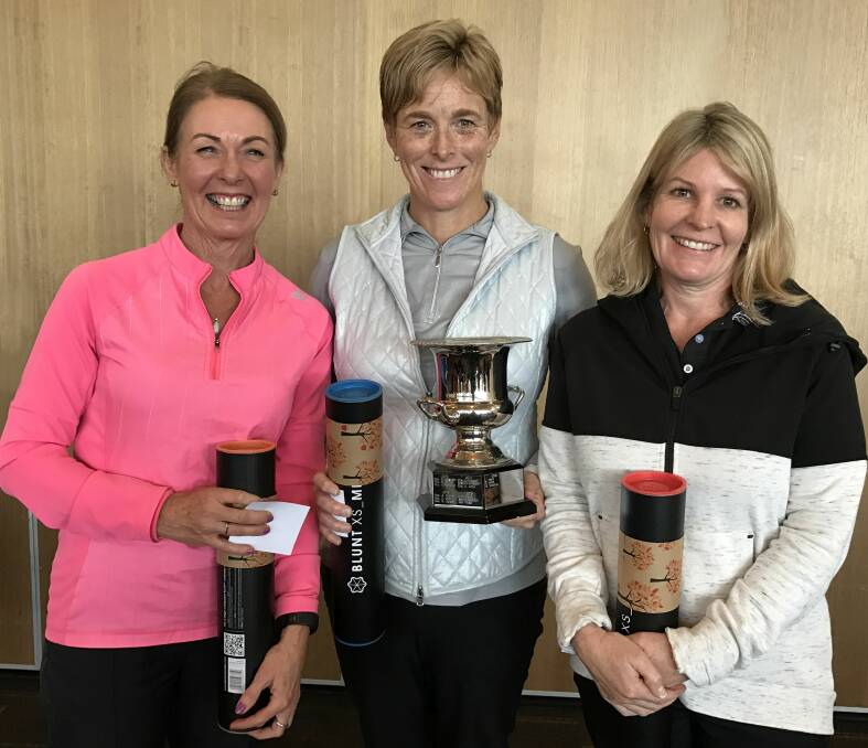 TOP EFFORT: Winners Cheryl Fitzpatrick, Annalee Hills and Kim Dummett with their Ballarat Ladies' Winter Cup trophy. Picture: Supplied