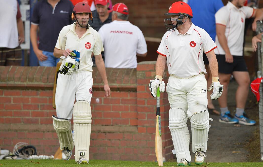 READY FOR BATTLE: Wendouree pair Liam Brady and Heath Pyke make their way out to the middle last weekend. Picture: Dylan Burns