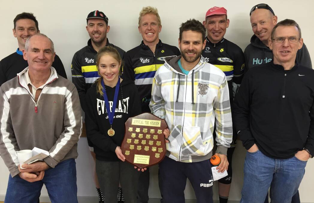 CHAMPIONS: Ballarat/Sebastopol Cycling club members show off the Tri-Series shield. Picture: Supplied