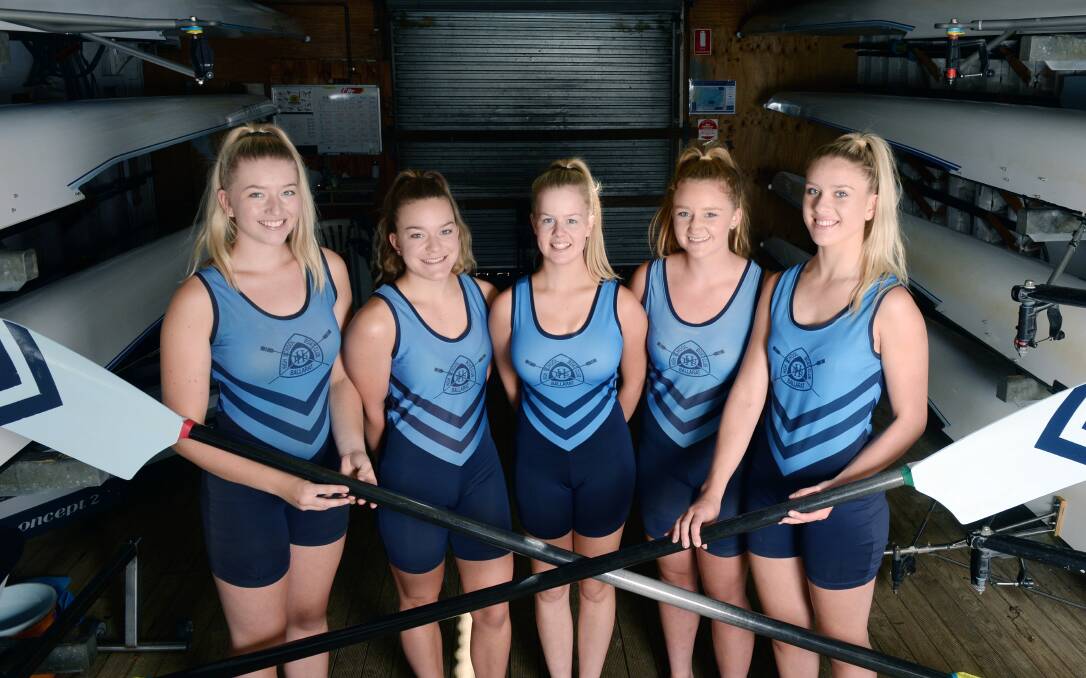 GIRLS' FIRSTS: Ballarat High School rowers Jayde Watkins, Maisy Johnston, Milli Bilson, Chloe Kimber and Carly Mawby. Picture: Kate Healy
