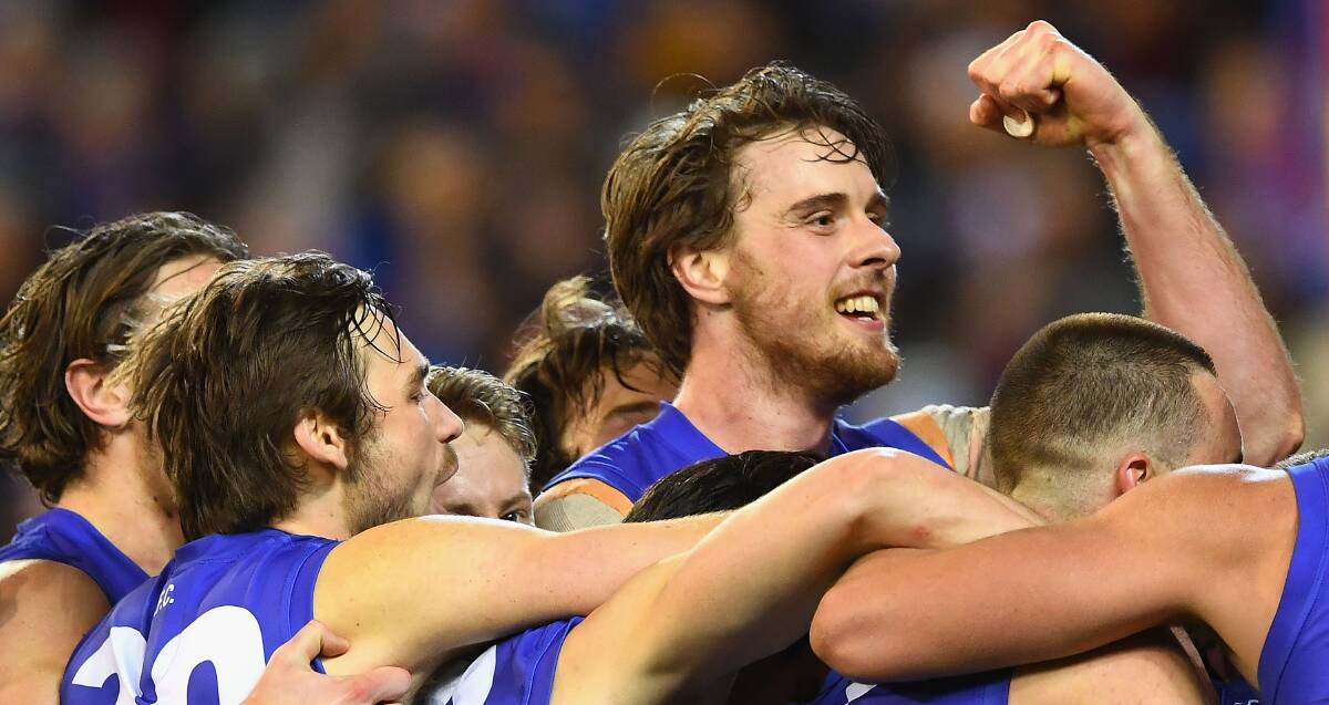 MARCHING ON: Western Bulldogs' Jordan Roughead celebrates the outstanding victory against Hawthorn as the Dogs advanced to the preliminary final. Picture: Getty Images