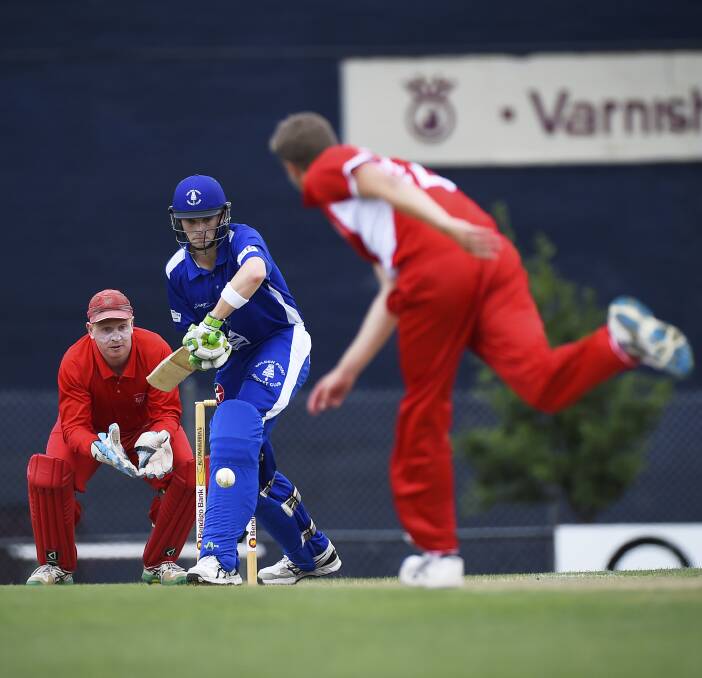 GOOD LINE: Golden Point's Simon Ogilvie gets forward to a delivery against Wendouree on Saturday - he made 25 in the seven-wicket loss. Picture: Luka Kauzlaric