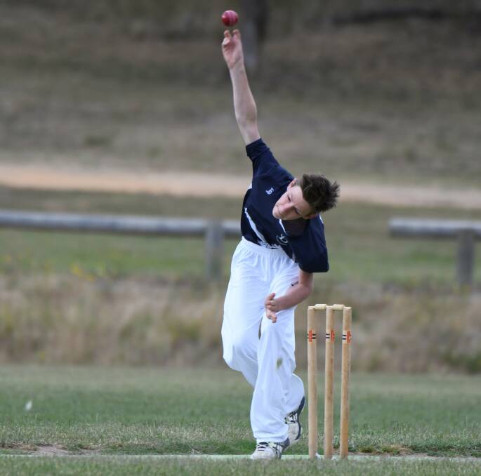 CHARGING IN: Ballarat Gold under-13 bowler Levhi Givvens lets the ball go at the top of his action in the Central Highlands region junior cricket country week action.